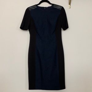Tahari navy and black dress with leather detailing